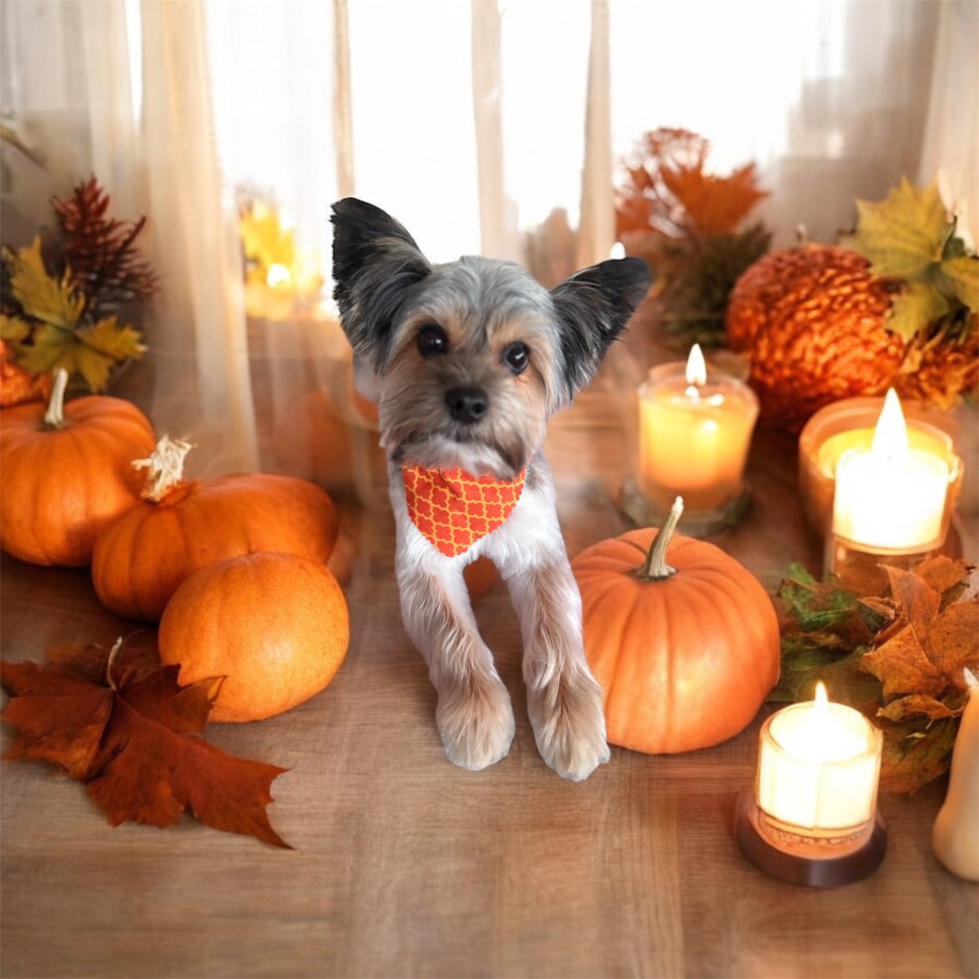 Yorkie in an orange bandana surrounded by pumpkins and candles