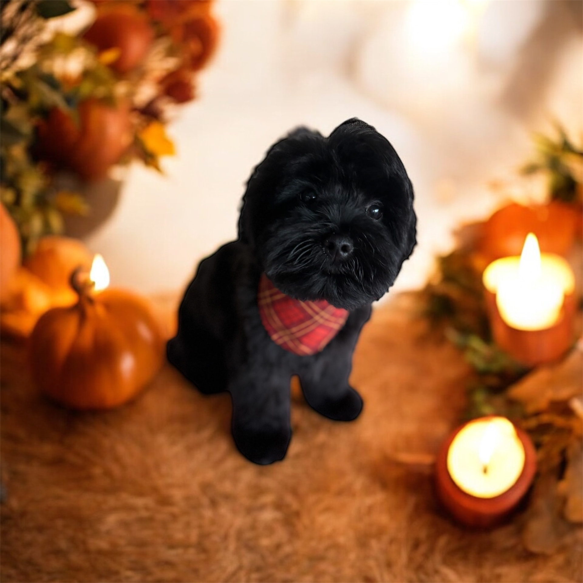 Black doodle puppy in a red plaid bandana