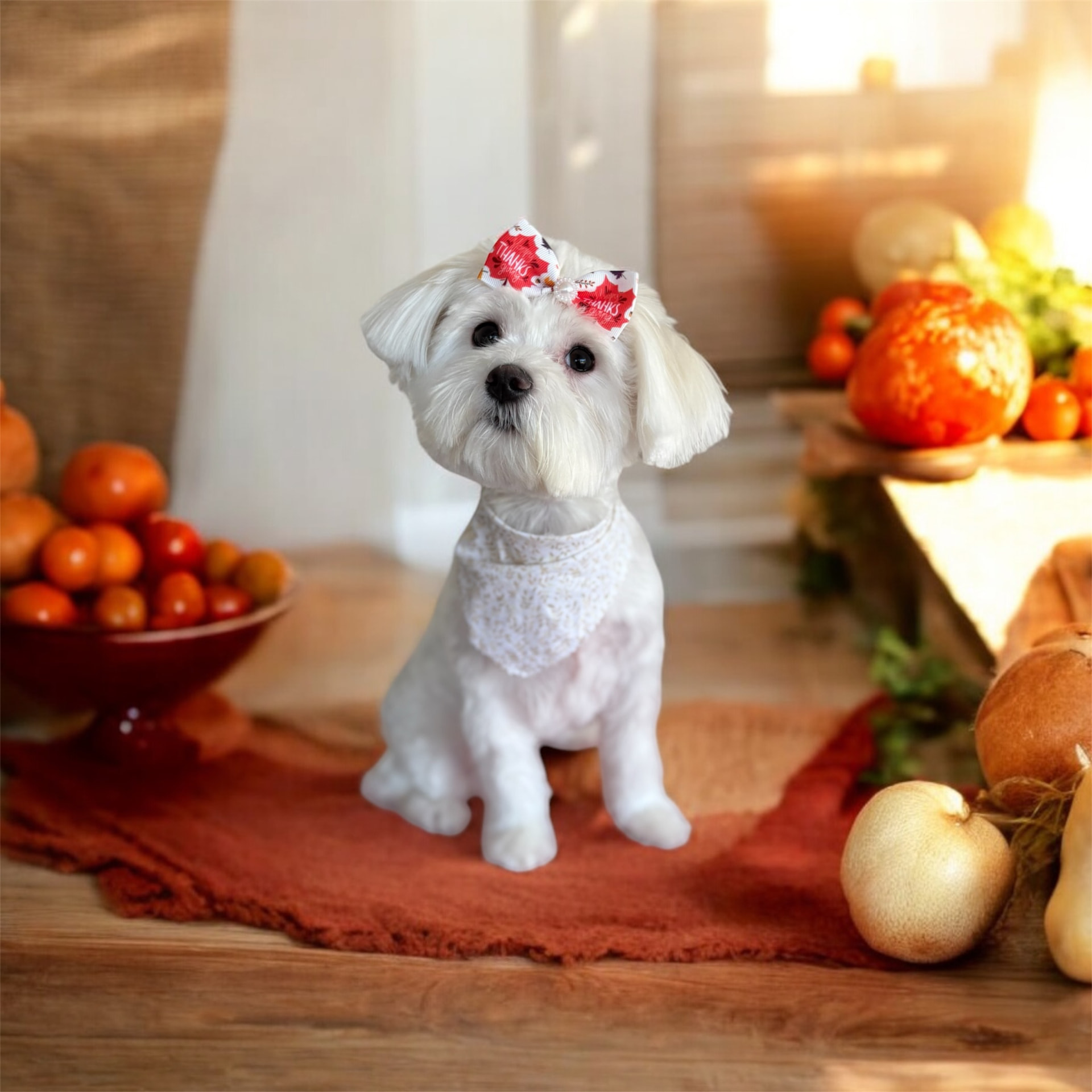 White maltese with a fall bow and lace bandana